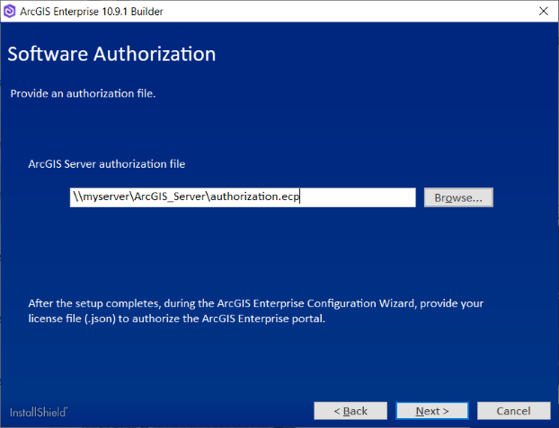 Provide the location for your ArcGIS Server authorization file. Provide the location for your ArcGIS Server authorization file.